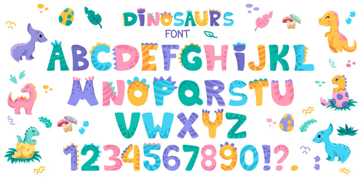 Cute Dino font with alphabet letters, dinosaurs, signs and numbers. Character collection in hand drawn cartoon style for your design, nursery or kindergarten banners and posters. Vector illustration