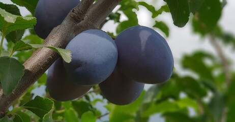 Fresh plums fruit covered with sunlight hanging on a tree branch with leaves 