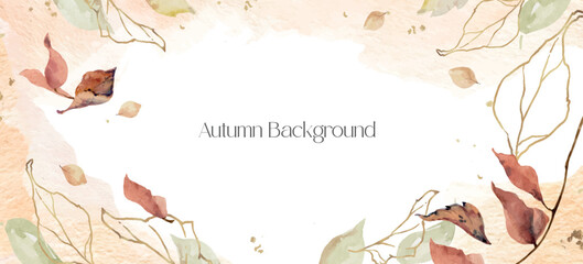 Watercolor vector autumn background of leaves and golden branches isolated on white.