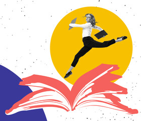 Creative image with jumping office worker over abstract background. Contemporary artwork. Concept of studying, reading, culture, art and education