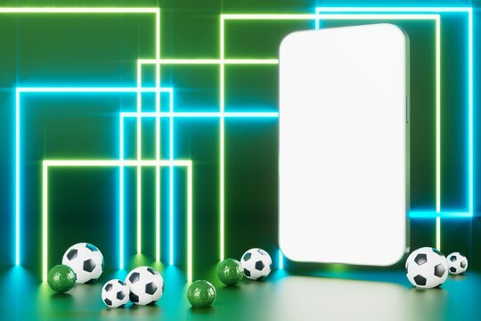 football ball with smartphone screen motion effect. sport concept design. 3d illustrator. blue background. sport online live. bet casino design. goal competition. 3d object render. motion graphic.