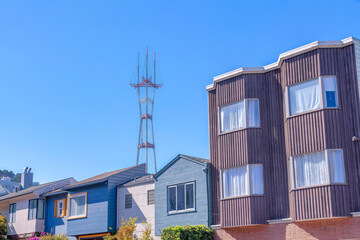 Sutro Tower behind the suburban houses at San Francisco, California