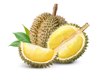 Durian fruit with cut in half isolated on white background. Clipping path.