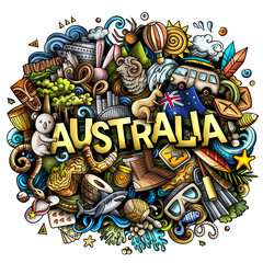 Australia hand drawn cartoon doodle illustration. Funny Australian design. Creative background. Handwritten text with Oceania Country elements and objects. Colorful composition