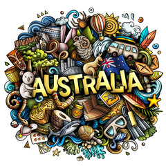 Naklejka premium Australia hand drawn cartoon doodle illustration. Funny Australian design. Creative background. Handwritten text with Oceania Country elements and objects. Colorful composition