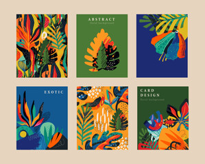 Fototapeta na wymiar Set of six vector pre-made cards in modern abstract style with nature motifs, flowers, leaves and hand drawn texture.