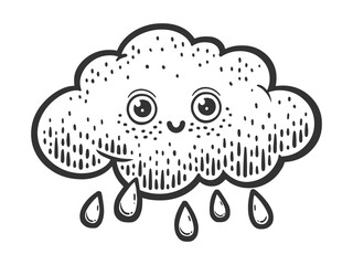 cartoon funny cloud with rain sketch engraving raster illustration. Scratch board imitation. Black and white hand drawn image.