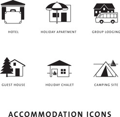 Accommodation icons, travel and tourism symbols, buttos, categories - obrazy, fototapety, plakaty