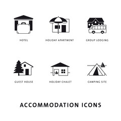 Accommodation icons, travel and tourism symbols, buttos, categories