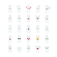Fototapeta premium Cute bunny sticker set. 25 flat cartoon illustrations of little gray rabbits isolated on a white background. Vector 10 EPS. 
