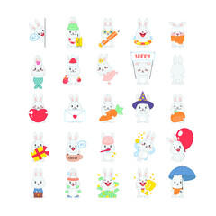 Set of cute bunny stickers. 25 flat cartoon illustrations of little gray rabbits isolated on a white background. Vector 10 EPS.