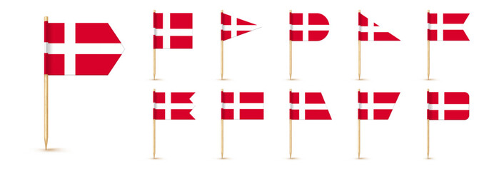 Denmark toothpick flag isolated on wood stick with white paper. Realistic little tooth pick for lunch. Vector cocktail decoration
