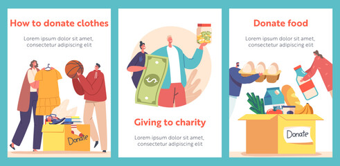Donation Cartoon Banners with People Filling Cardboard Box with Clothes, Food and Money to Help Poor People in Shelter