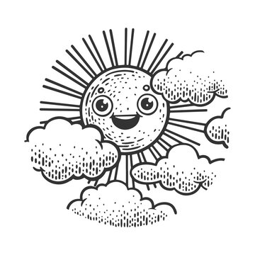 Funny cartoon sun sketch engraving raster illustration. Scratch board imitation. Black and white hand drawn image.