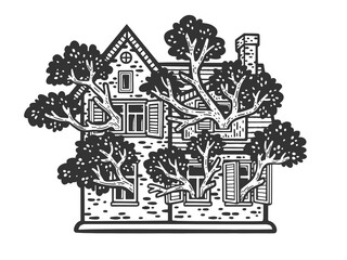 Obraz premium Tree grows inside house and branches in windows sketch engraving raster illustration. Scratch board imitation. Black and white hand drawn image.