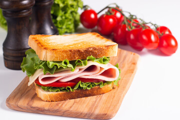 Close-up photo of an American club sandwich. Fast food concept. 