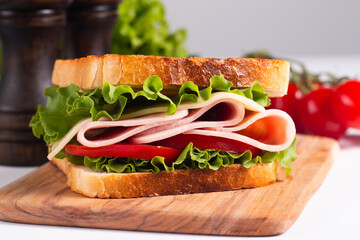 Close-up photo of an American club sandwich. Fast food concept. 