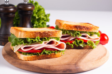 Close-up photo of an American club sandwich. Fast food concept. 