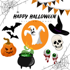 Halloween doodles pattern. Halloween sticker icons set. Happy Halloween patches collection. 