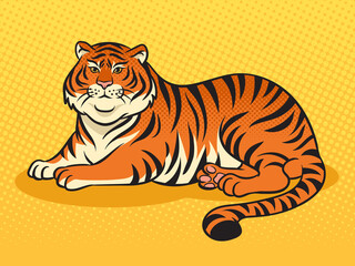 Fototapeta na wymiar fat tiger overweight body positive pop art retro raster illustration. Comic book style imitation.