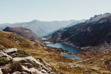 view form the top of a mountain with a lake in the pyrenees in south france