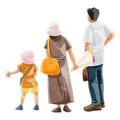 親子3人後ろ姿手描き水彩風イラスト