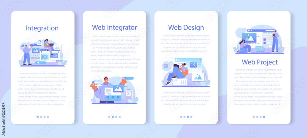 Poster web integration mobile application banner set. website layout converting