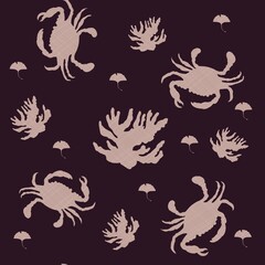 Crab and corals seamless pattern. Ocean animals silhouette on dark  background. Hand drawn digital illustration. Stilized marin life. Template for fabric, wallpaper, scrapbooking, tile