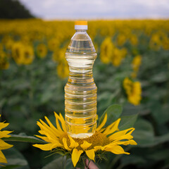 Creative photo of a bottle of golden sunflower oil in a bud against a field of blooming sunflowers...