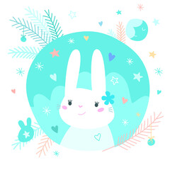 Cute cartoon rabbit on green background. Vector cute illustration