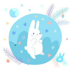 Cute cartoon rabbit on blue background. Vector cute illustration