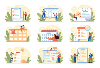 Business planning concept set. Setting a goal and following schedule.