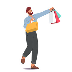 Shopaholic with Purchases in Paper Packs. Young Caucasian Man Holding Colorful Shopping Bags. Male Character Having Fun