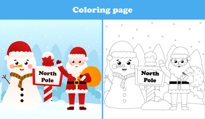 Santa Claus and Snowman waving coloring page for children activity book for christmas, printable worksheet in cartoon style