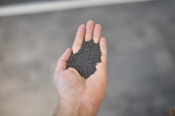 View of the circular steel grits in the palm for abrasive or sandblasting. Steel grits are produced by fracturing high carbon steel balls after heat treatment. Steel grits have high resistance. - obrazy, fototapety, plakaty