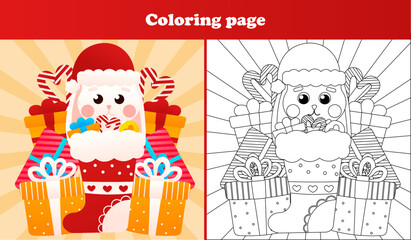 Cute bunny sitting in christmas stocking with gift boxes coloring page for christmas themed children activity book, printable worksheet for kids