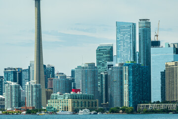 Office towers housing downtown businesses on Toronto's skyline seen from the Toronto Islands.