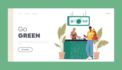 Packing Recycling Landing Page Template. Male Character Buying Food with Reusable Eco Friendly Bag at Store