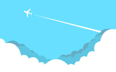 爽やかな青空を飛ぶ飛行機と飛行機雲