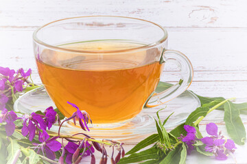 Still life of Ivan-tea hot drink or fireweed herbal tea in glass cup with fresh purple fireweed flowers on white wooden table. Herbal medicine concept.