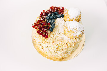 homemade napoleon cake decorated with berries. delicious fresh pastries, dessert, homemade treats