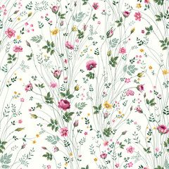 seamless floral pattern with rose bouquet on white background - obrazy, fototapety, plakaty