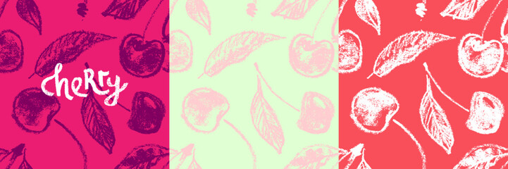 Organic cherry seamless pattern, cherry vector illustrations, hand-drawn berry for vegan banner, juice, jam label design. Ripe berries background for baby food packaging. Cherry banner backdrop.