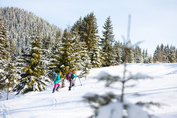 Two people in the mountains in winter