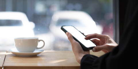 Closeup image of woman hands using smartphone, vertical view.