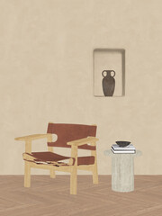3d stylized textured painted sketch art mockup of a Mediterranean summer cool minimal lounge interior with a lounge leather armchair, a side table and a niche Greek ceramic vase, amphora