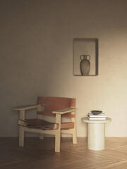 3d mockup of a Mediterranean summer cool minimal lounge interior with a lounge leather armchair, a side table and a niche with a Greek ceramic vase, amphora