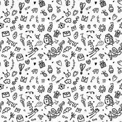 Vector love background. Valentine's day seamless pattern. Doodle illustration of hearts, letters, cups, gists
