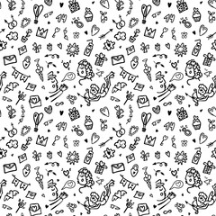 Vector love background. Valentine's day seamless pattern. Doodle illustration of hearts, letters, cups, gists