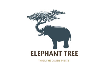 Elephant Silhouette with Trunk Tree Forest for Savanna Conservation Zoo Logo Design